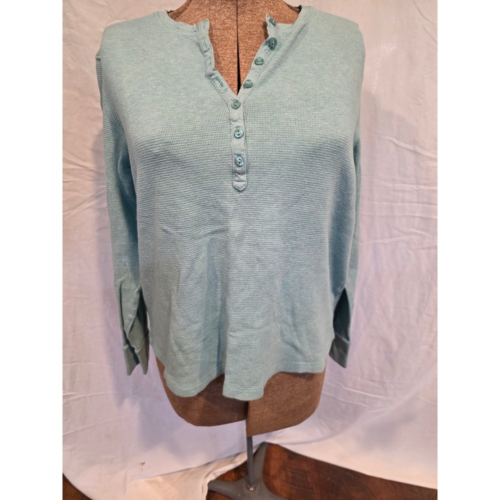 L.L. Bean Henley Top Aqua Waffle Knit Long Sleeve 1X W23 L23